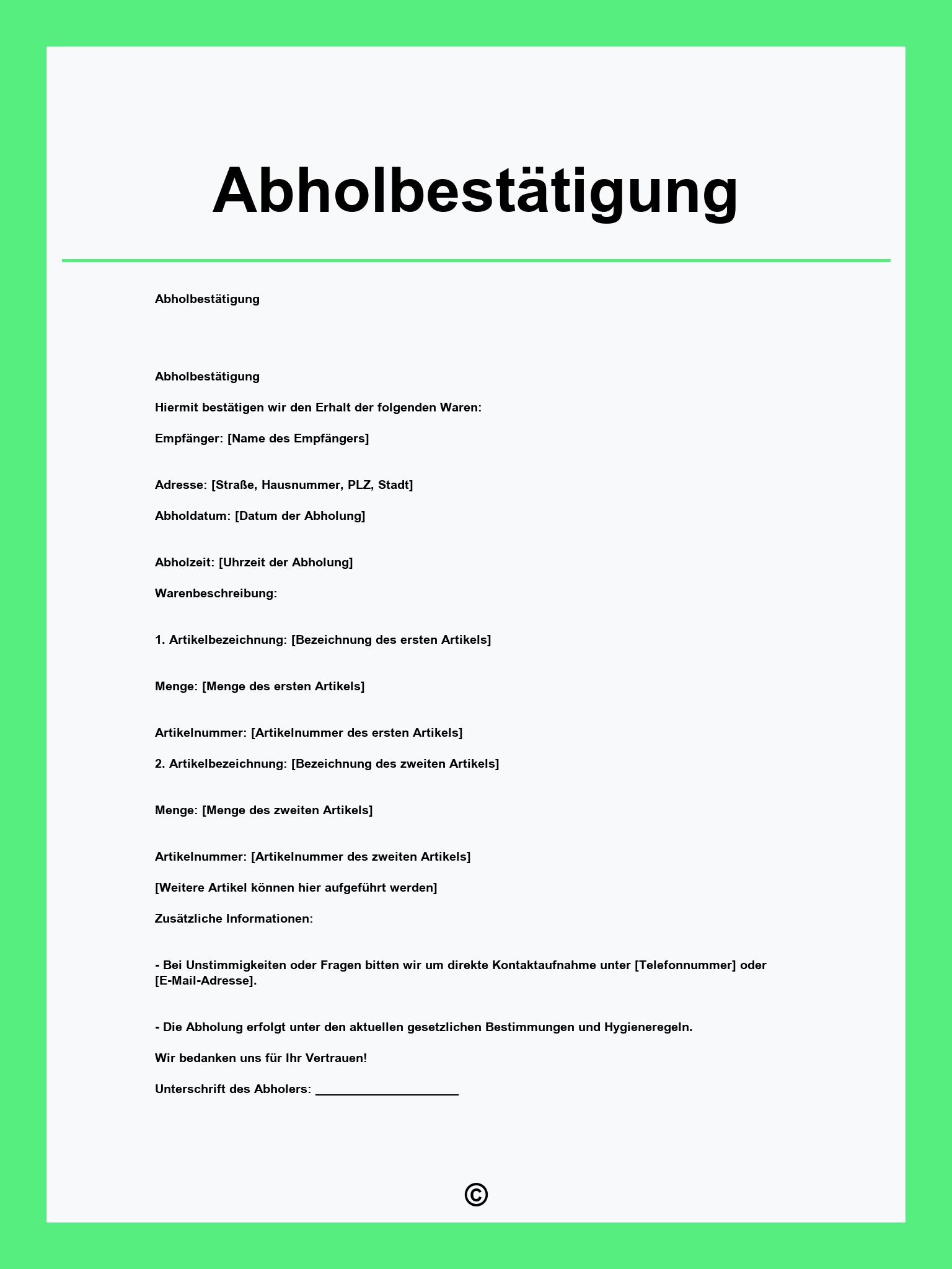 Abholbestätigung Vorlage
