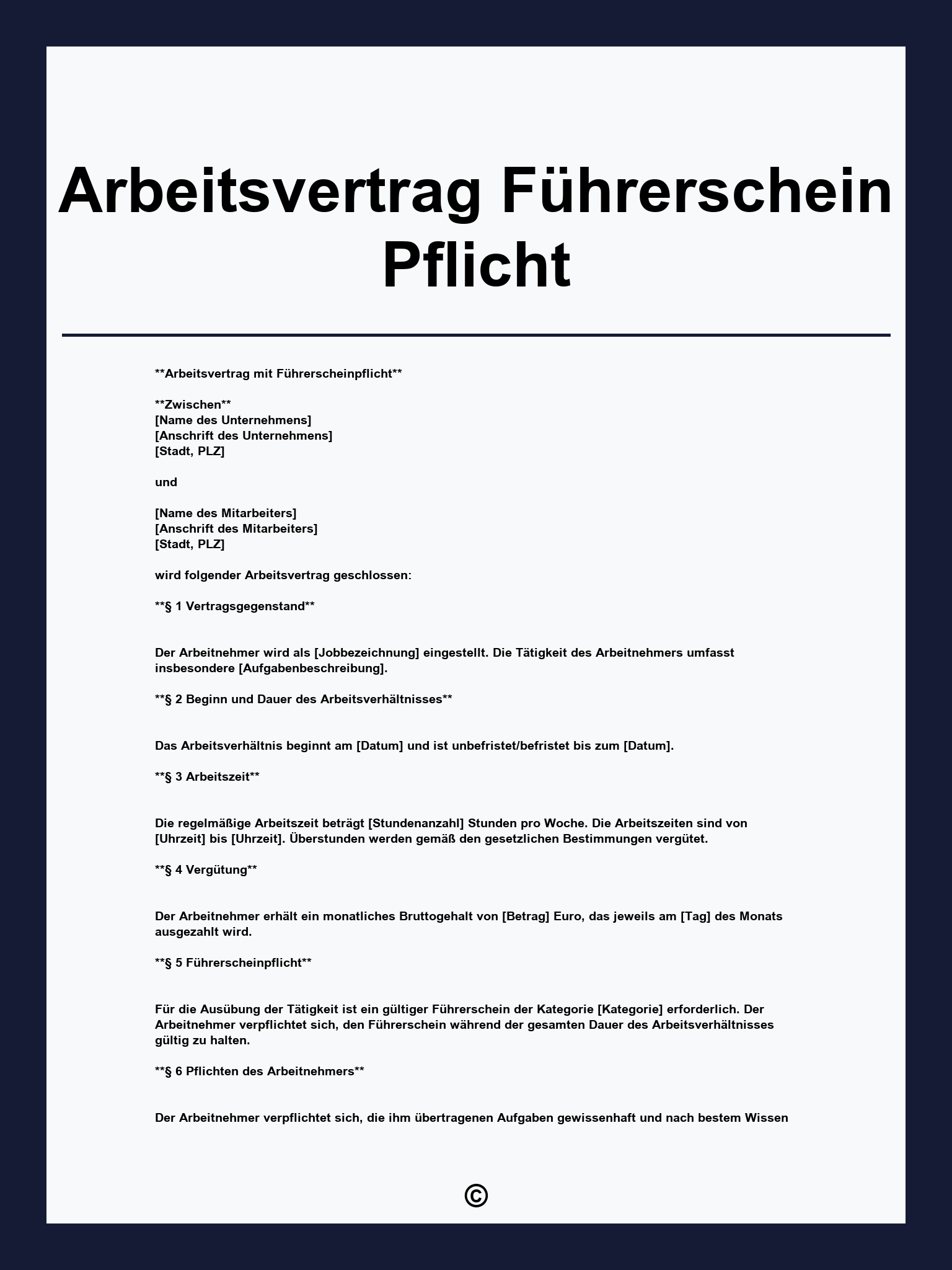 Arbeitsvertrag Führerschein Pflicht Muster