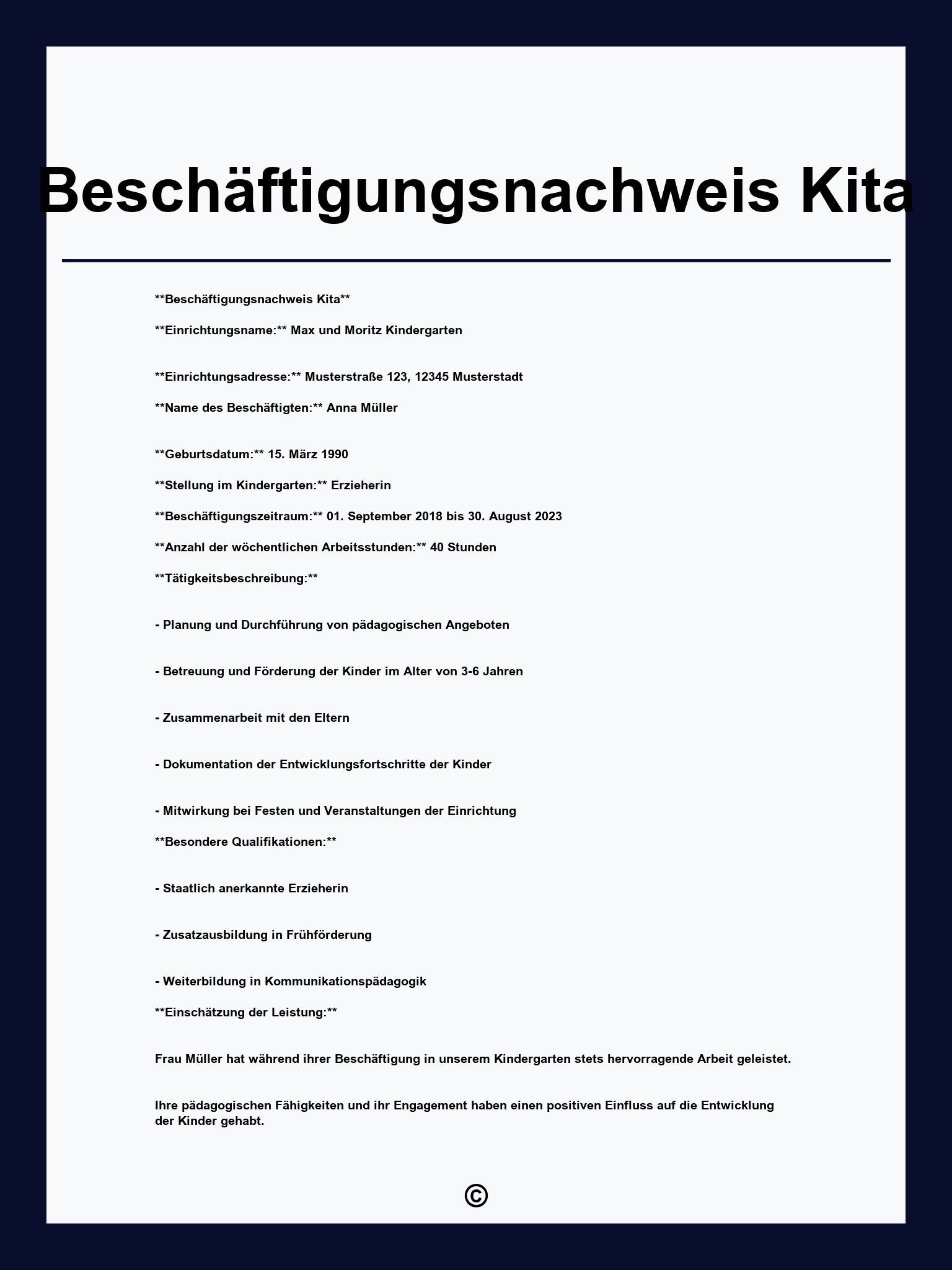 Beschäftigungsnachweis Kita Vorlage
