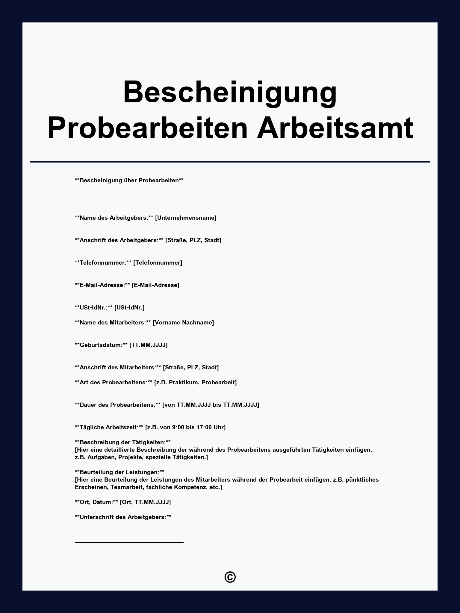 Bescheinigung Probearbeiten Arbeitsamt