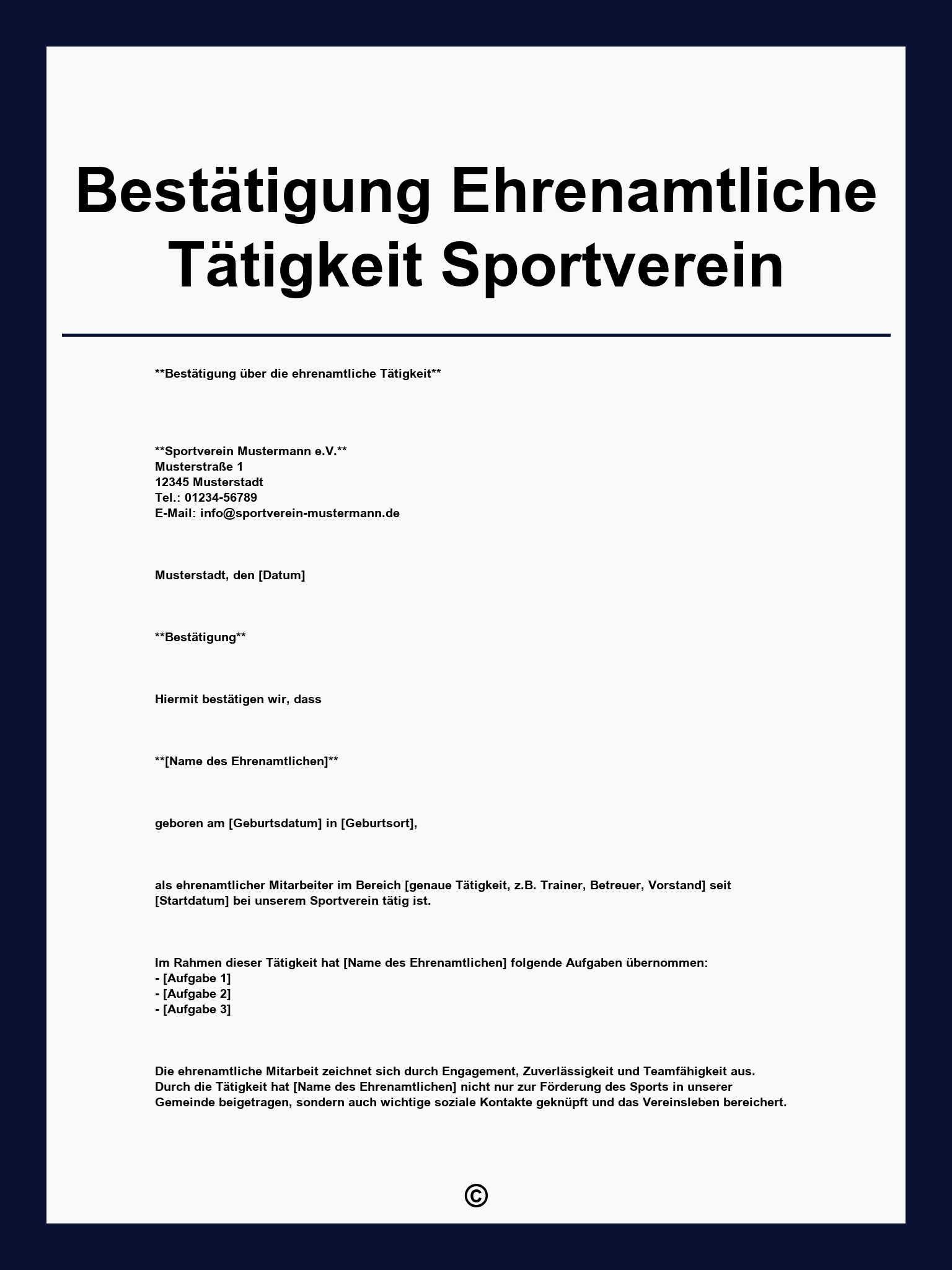 Bestätigung Ehrenamtliche Tätigkeit Sportverein