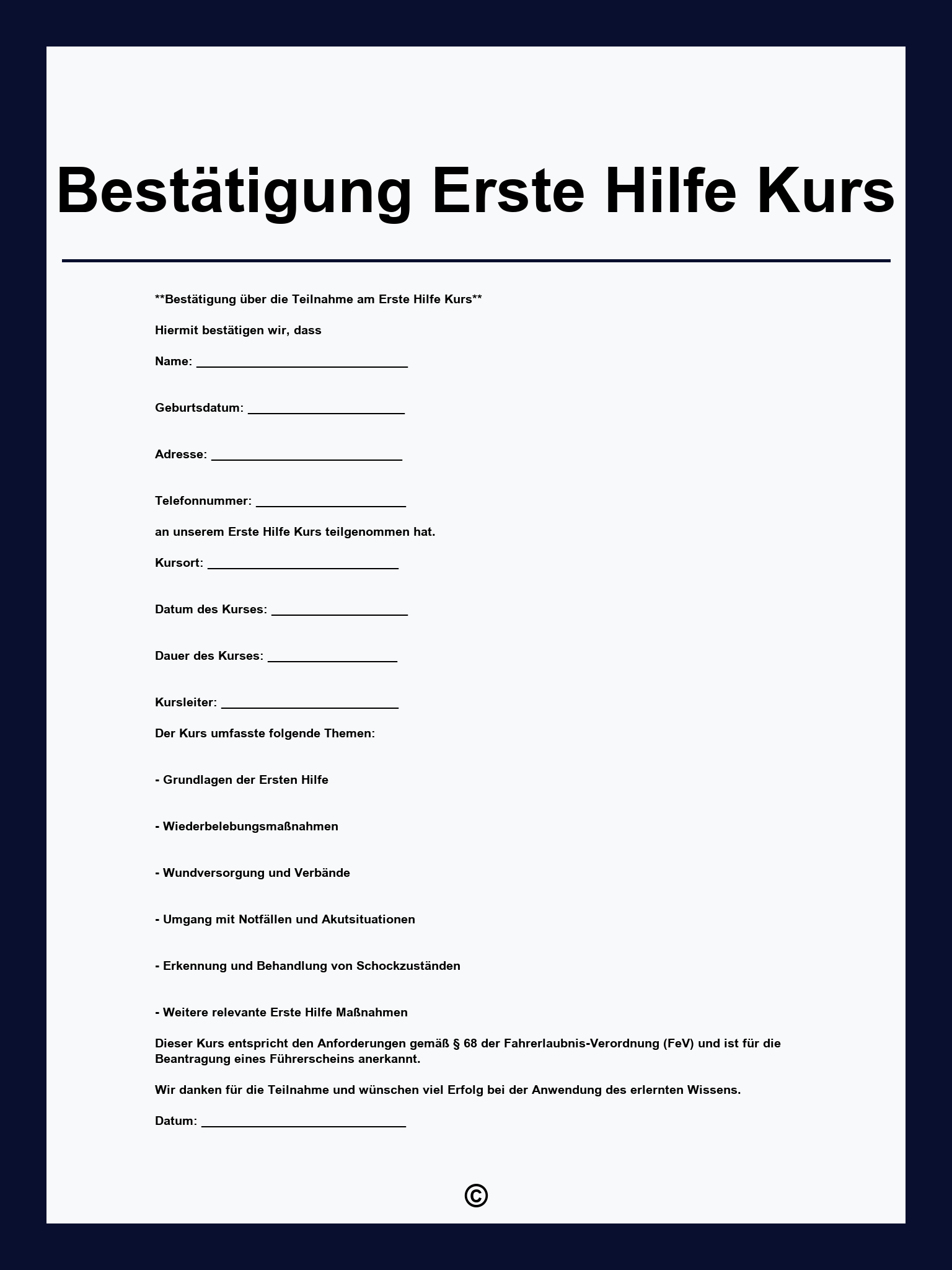 Bestätigung Erste Hilfe Kurs