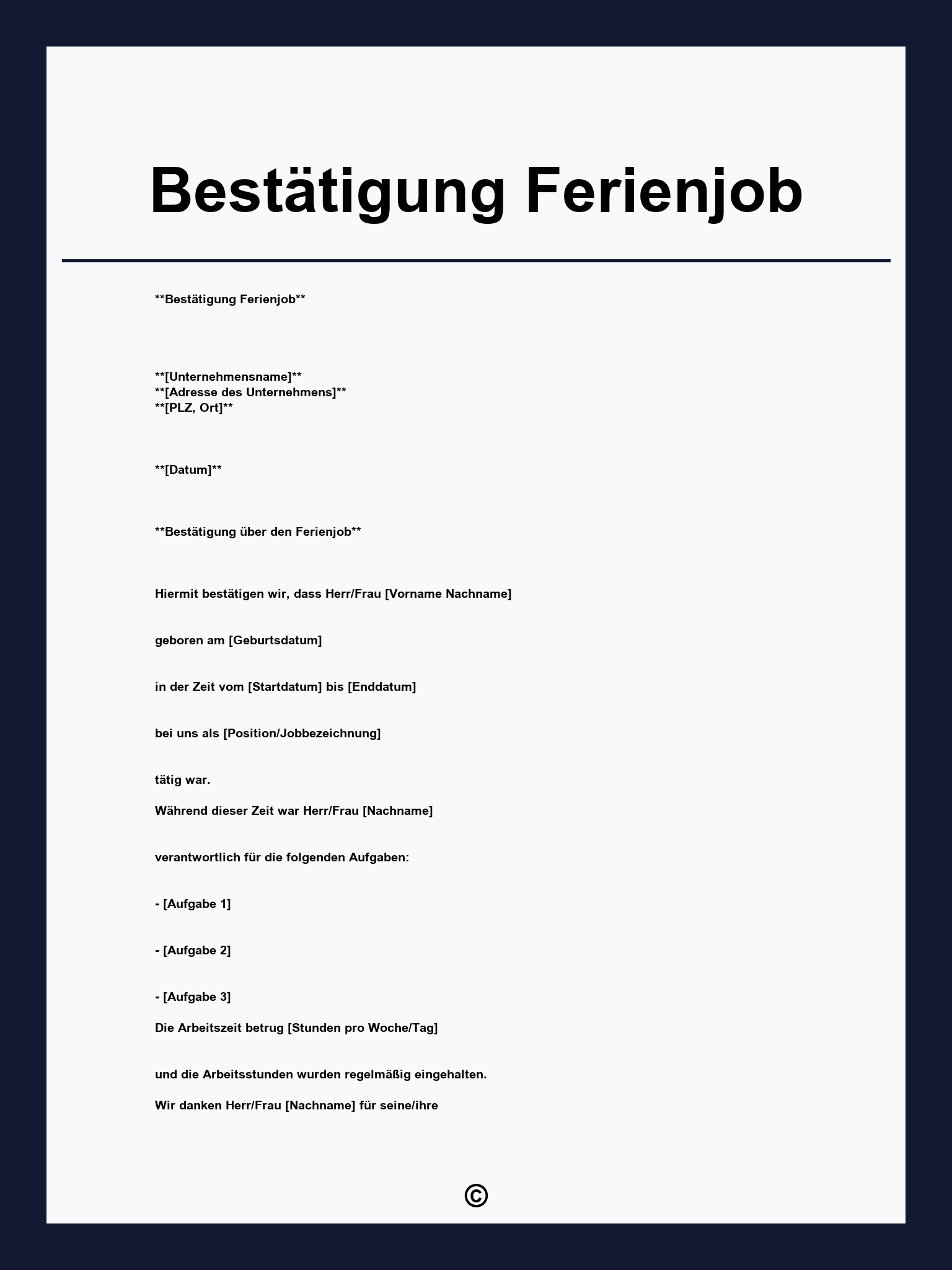 Bestätigung Ferienjob Vorlage