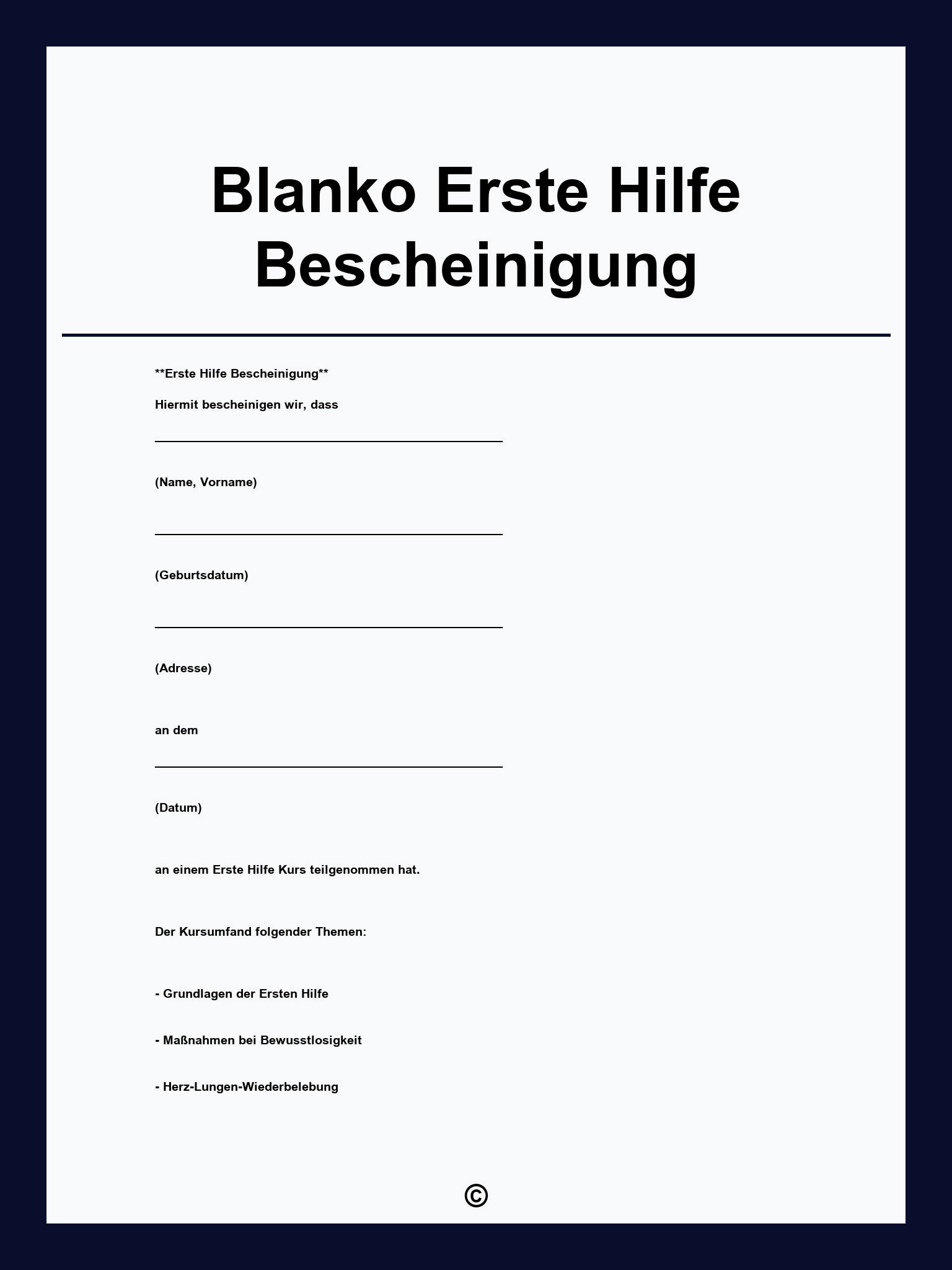 Blanko Vordruck Erste Hilfe Bescheinigung