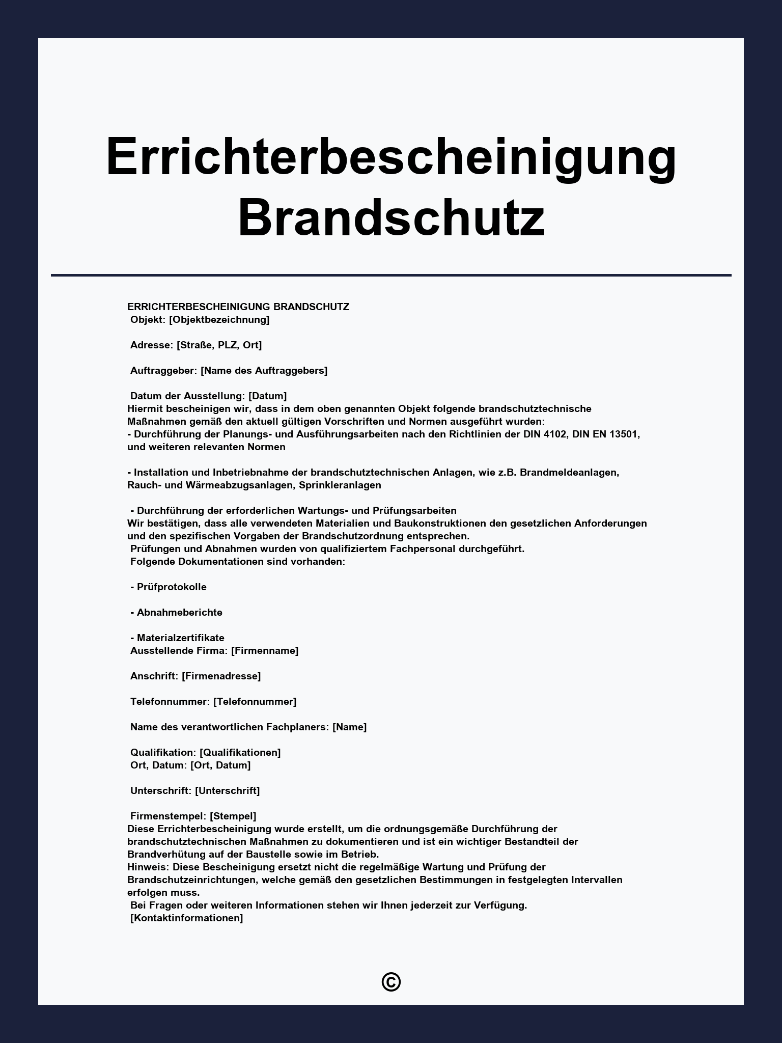 Errichterbescheinigung Brandschutz
