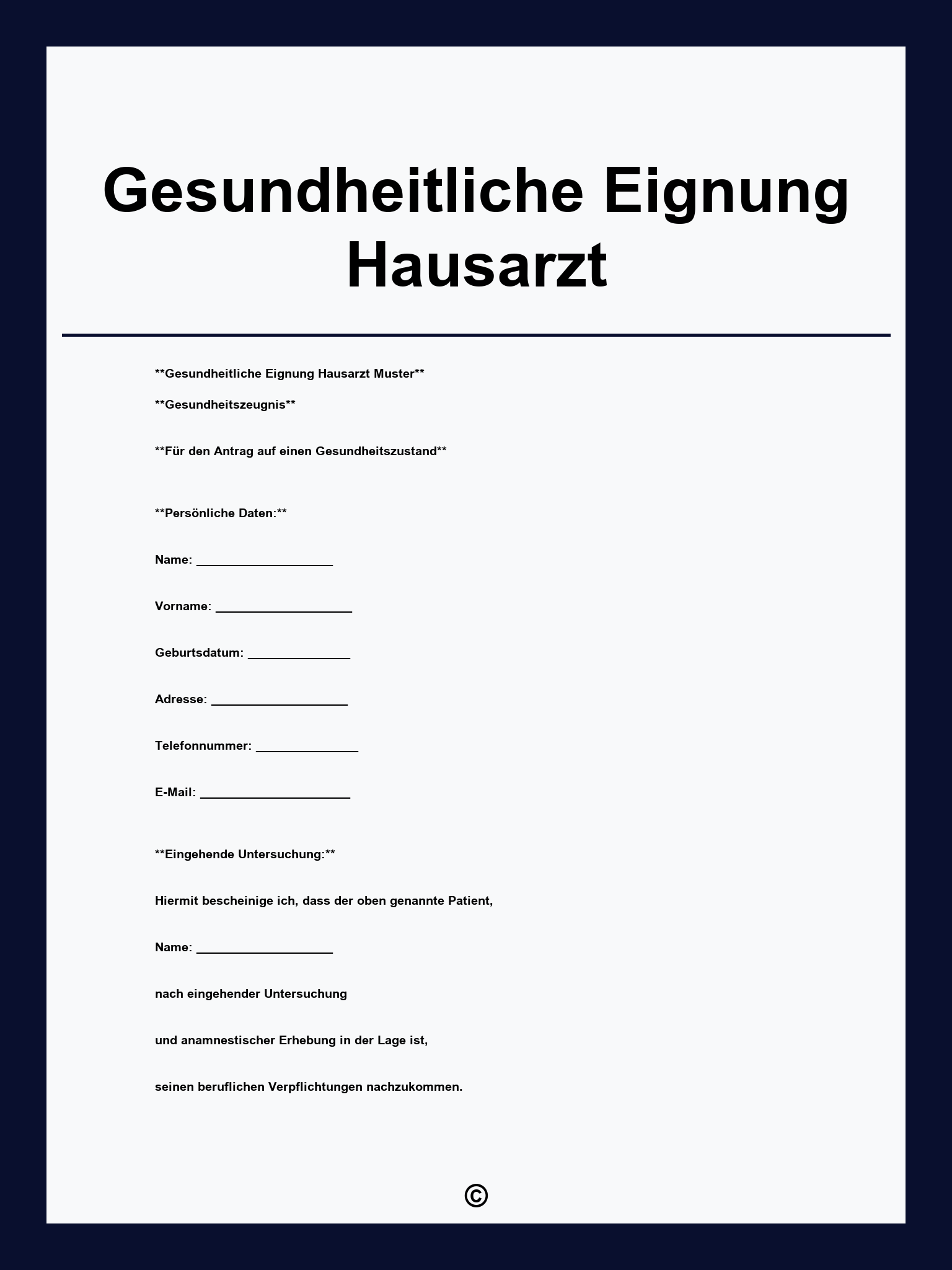 Gesundheitliche Eignung Hausarzt Formular