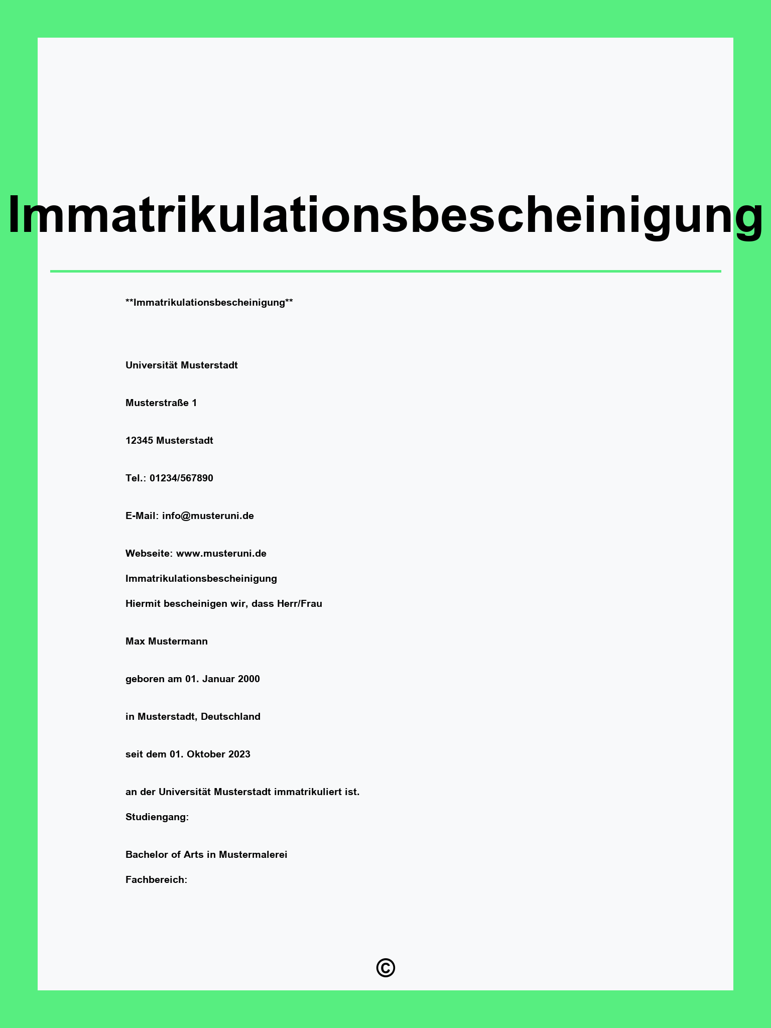 Immatrikulationsbescheinigung Muster