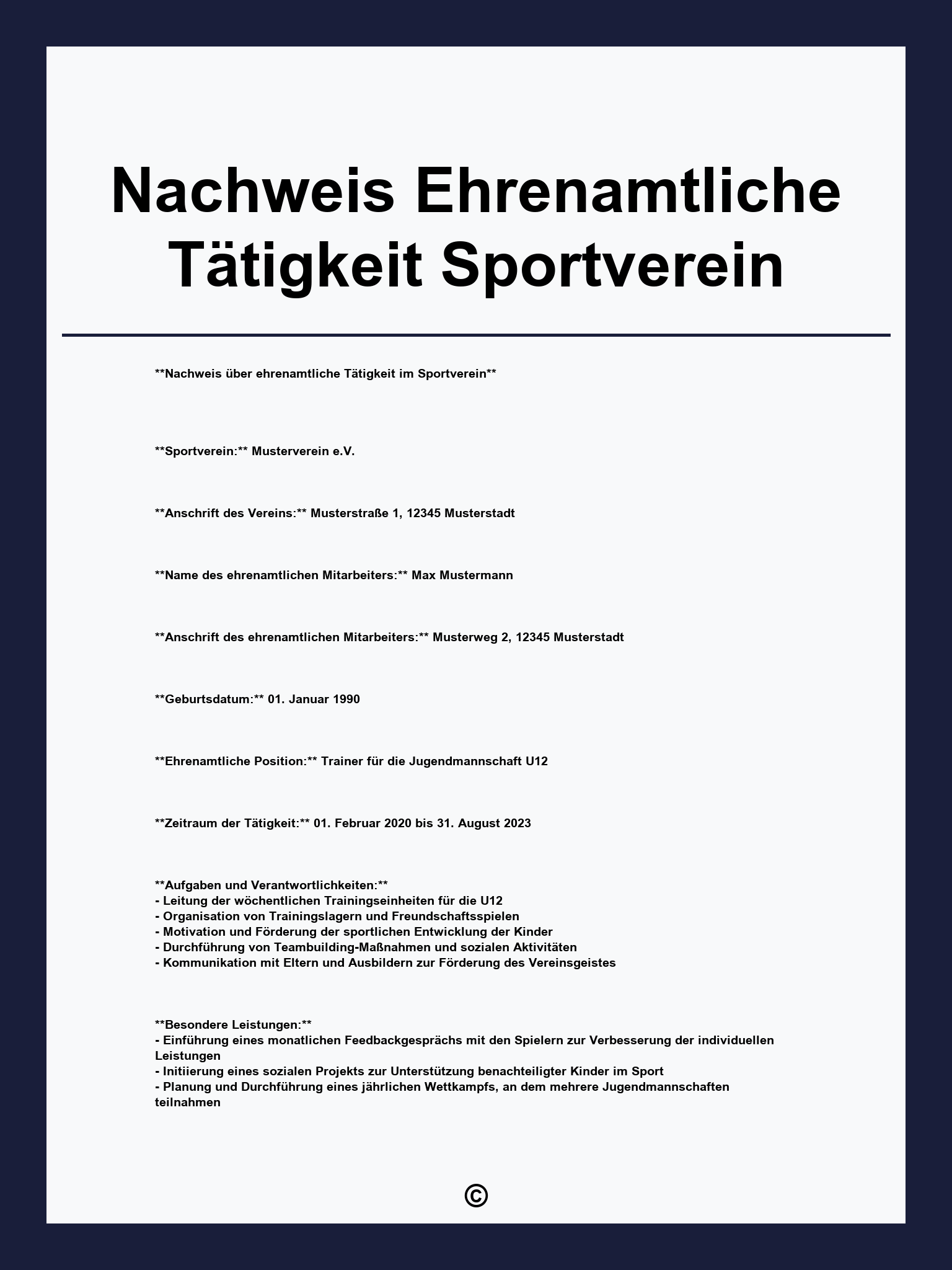 Nachweis Ehrenamtliche Tätigkeit Sportverein