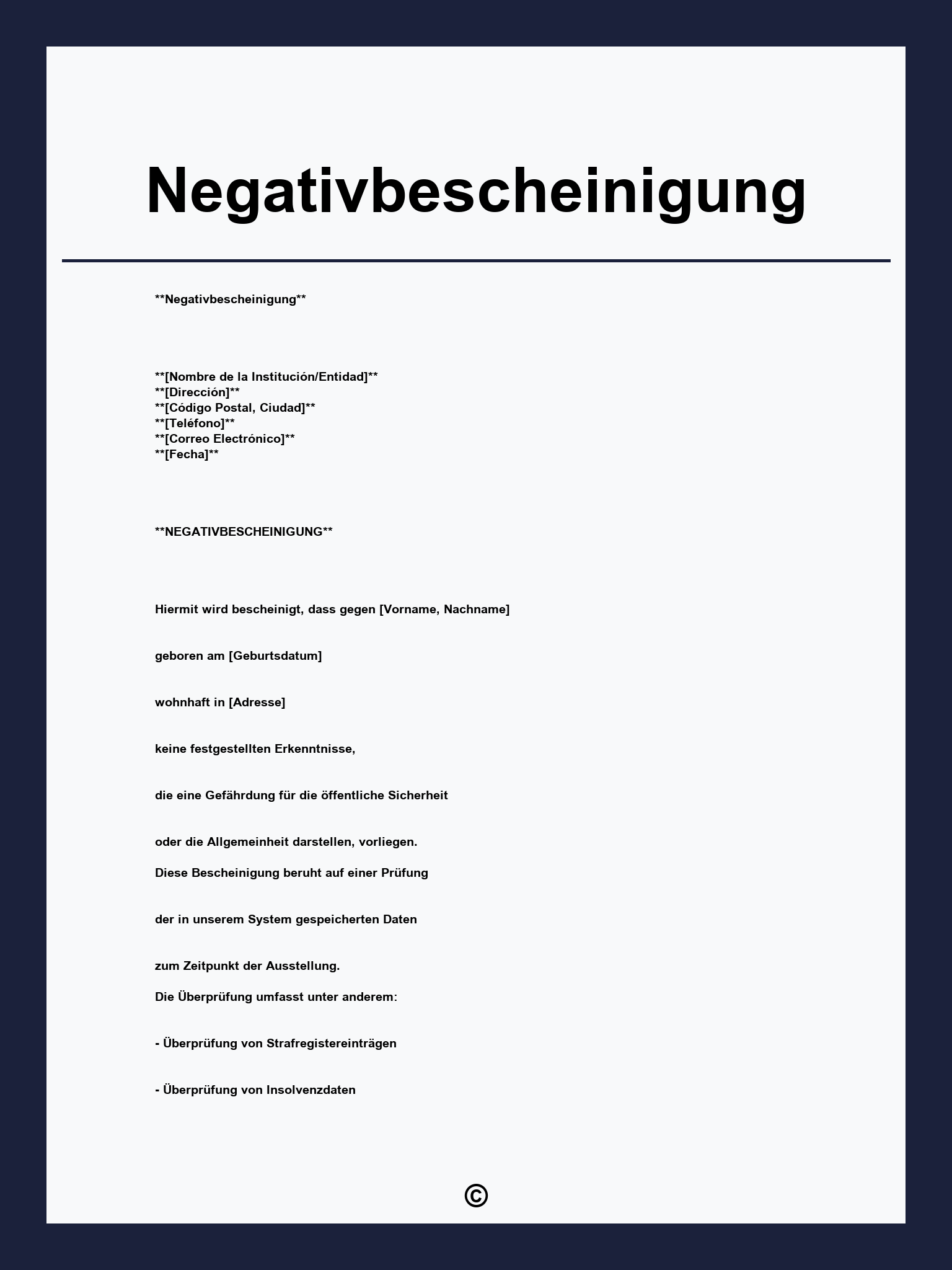 Negativbescheinigung Formular