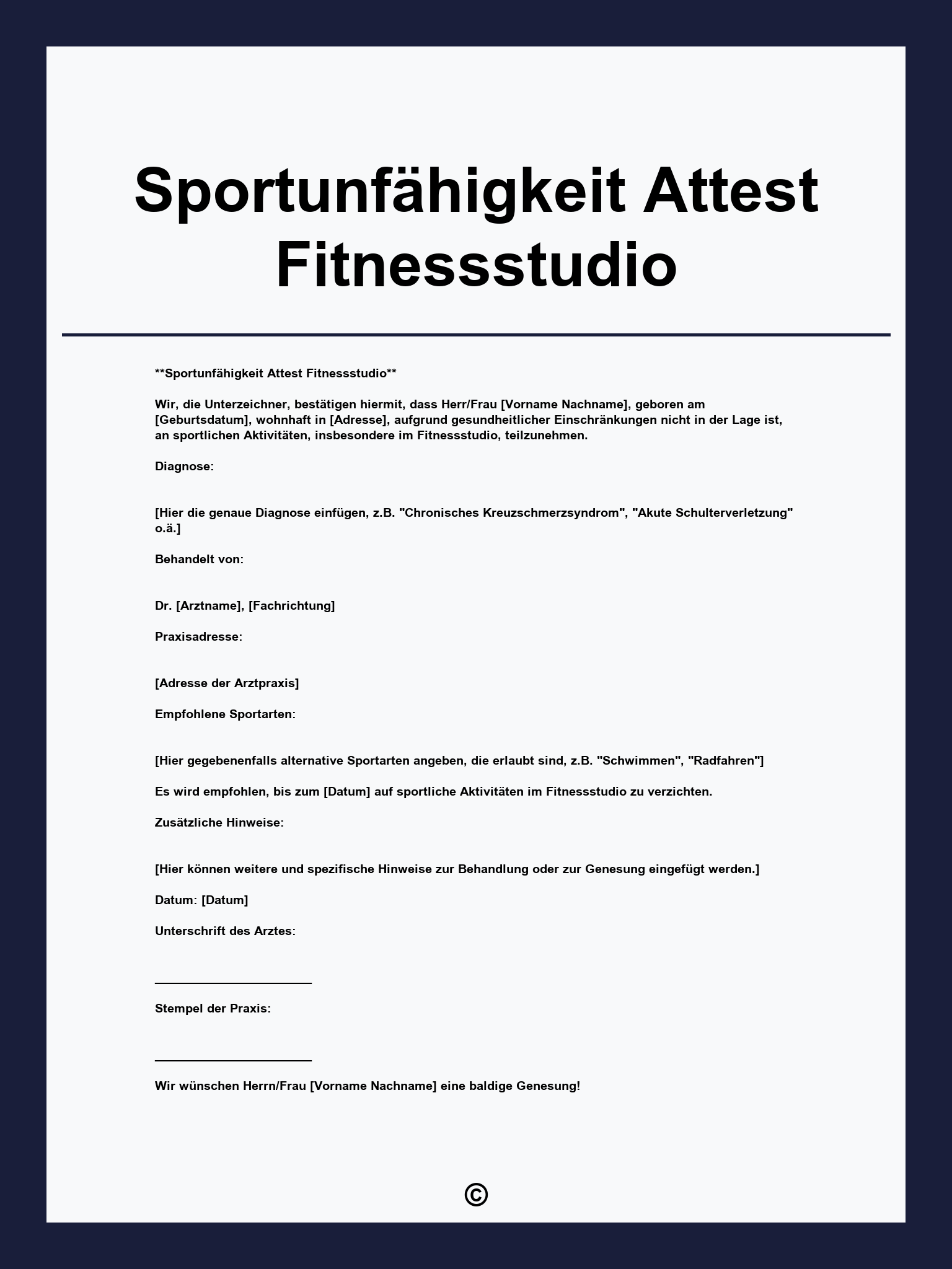 Sportunfähigkeit Attest Fitnessstudio Muster