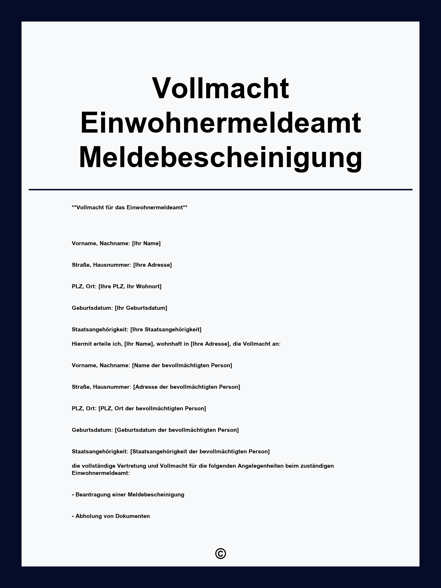 Vollmacht Einwohnermeldeamt Meldebescheinigung